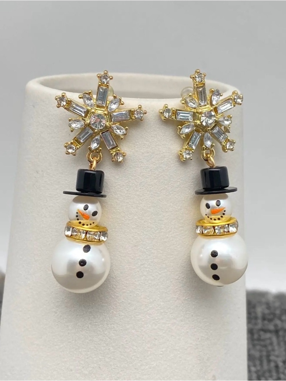 Gold Snowflake Pearl Snowman Drop Earrings - White & Black